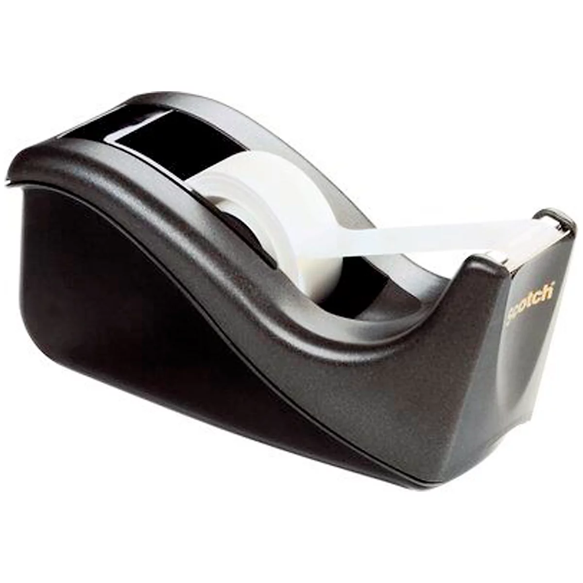 Zwarte tape dispenser met witte tape. Tekst luidt "Scotch" in goud.