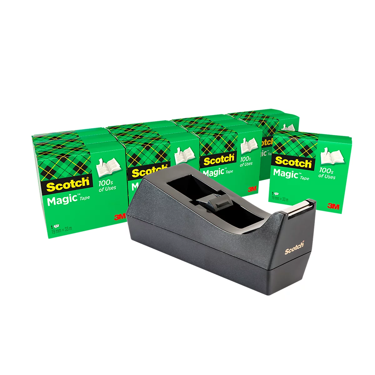 Schwarzer Tesa-Abroller mit mehreren grünen Schachteln Scotch Magic Tape vor weißem Hintergrund.