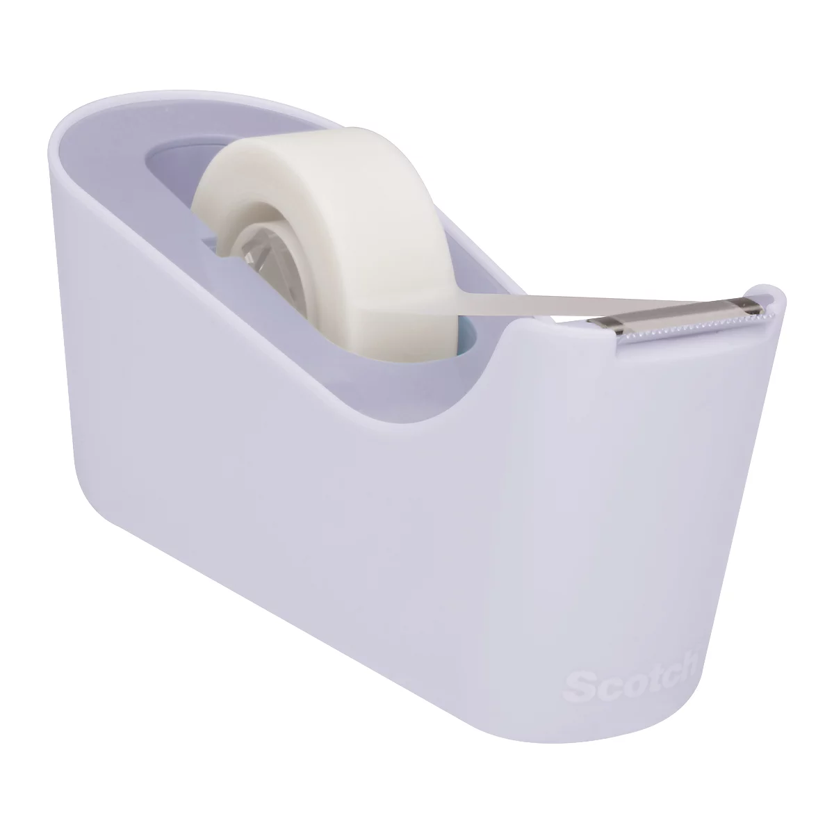 Een witte tape dispenser met een rol tape. De naam "Scotch" is afgedrukt.