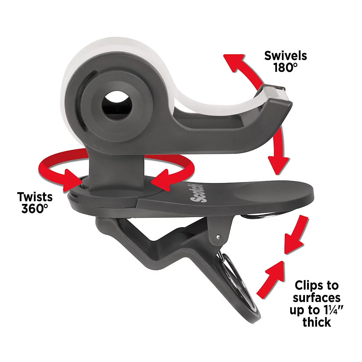 Black-gray holder that twists and swivels, designed to clip to surfaces. Text: "Twists 360°, Swivels 180°, Clips to surfaces up to 1¼" thick."
