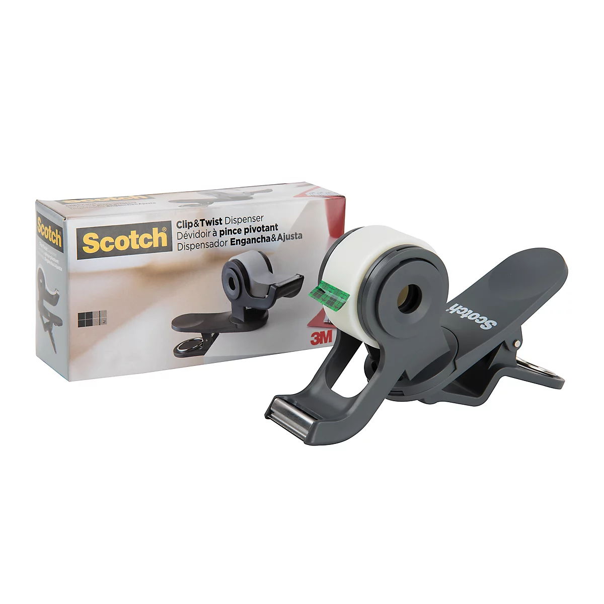 Scotch Clip & Twist tape dispenser with tape roll and packaging. Gray holder, white roll.