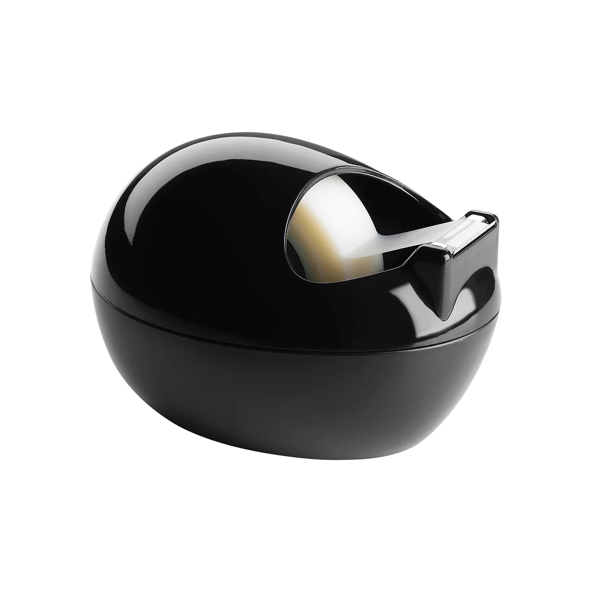 A black, egg-shaped tape dispenser with a glossy surface. The transparent adhesive tape is visible.
