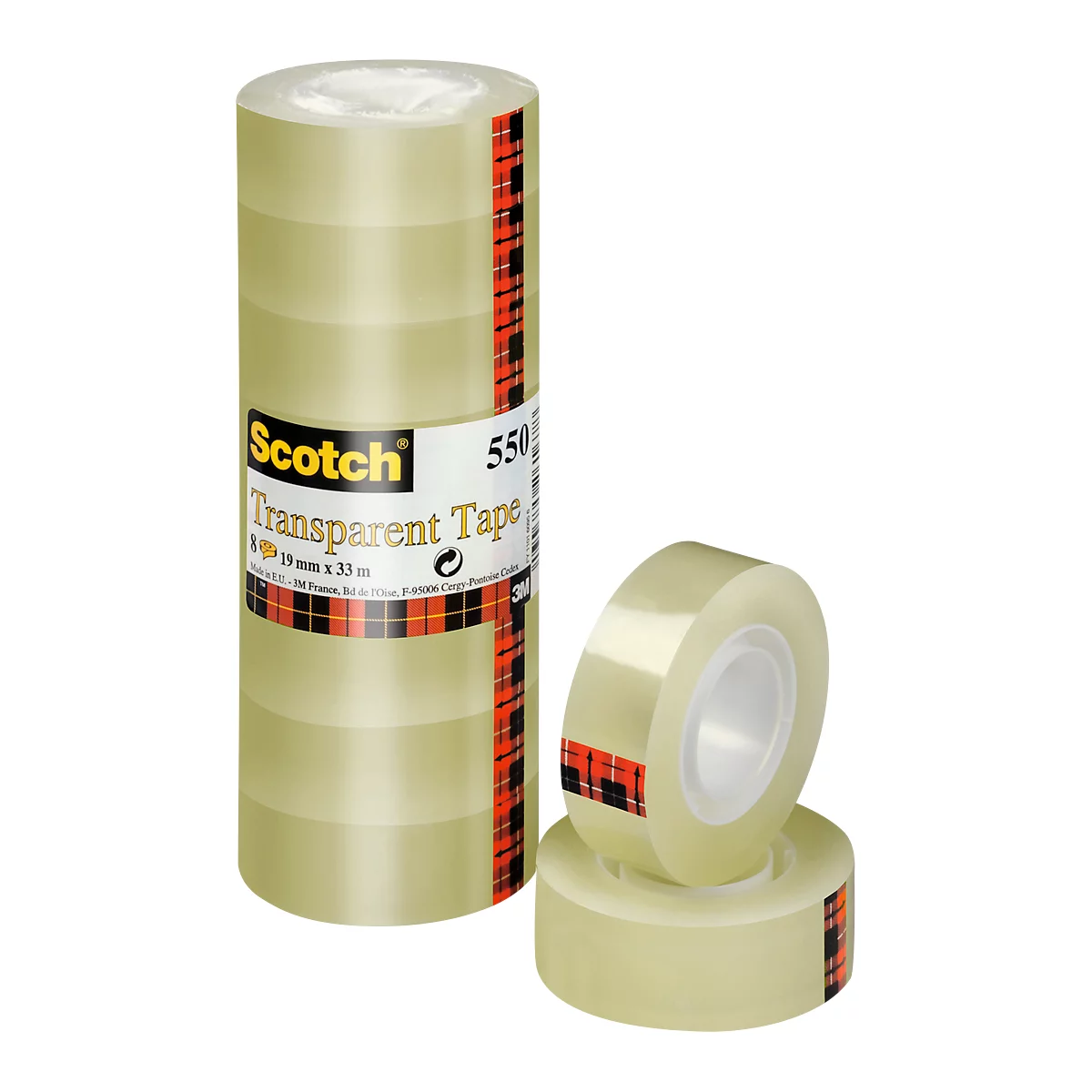 Scotch transparent tape, stacked and loose rolls.