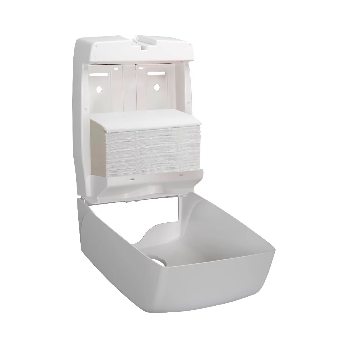 Dispensador de toallas de papel blanco con tapa abierta, toallas de papel visibles. La parte inferior forma una bandeja de recogida.