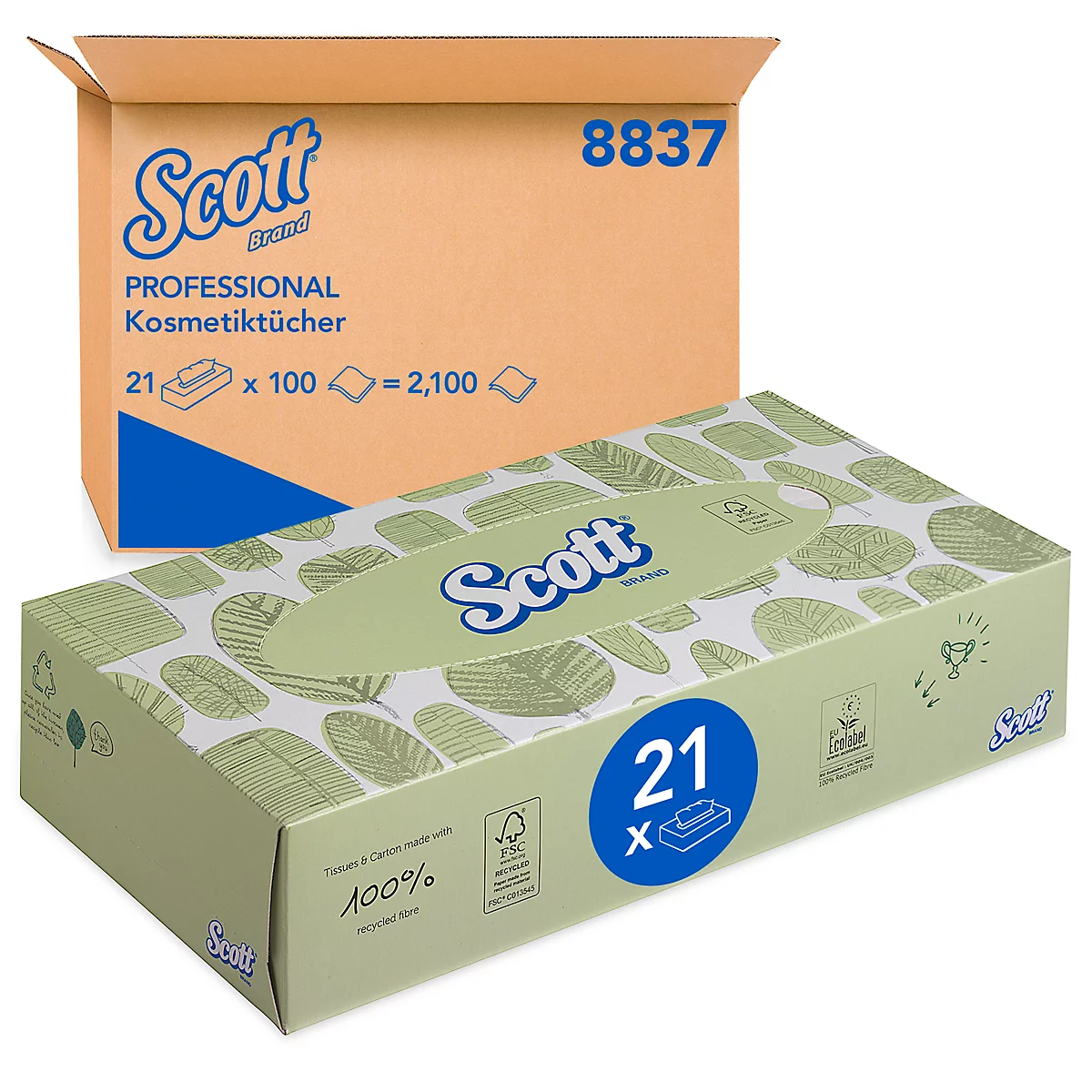 Scott® cosmetic tissues 8837, 2-laags, 1 doos met 100 tissues, tissueformaat ca. L 215 x B 186 mm, FSC®-papier, wit