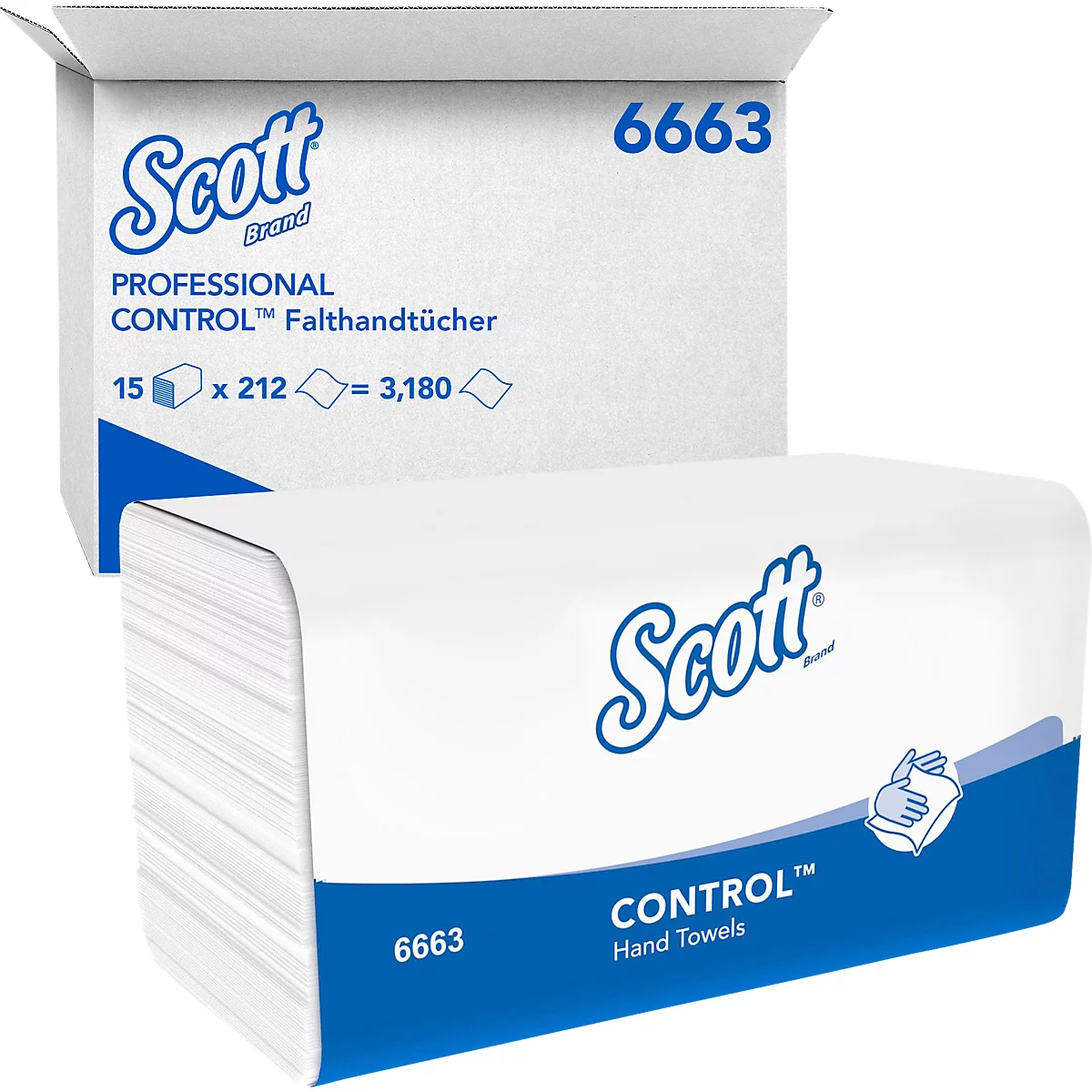 Twee witte handdoekendozen. Gedrukt: Scott merk, Control handdoeken, blauwe accenten, nummer 6663.