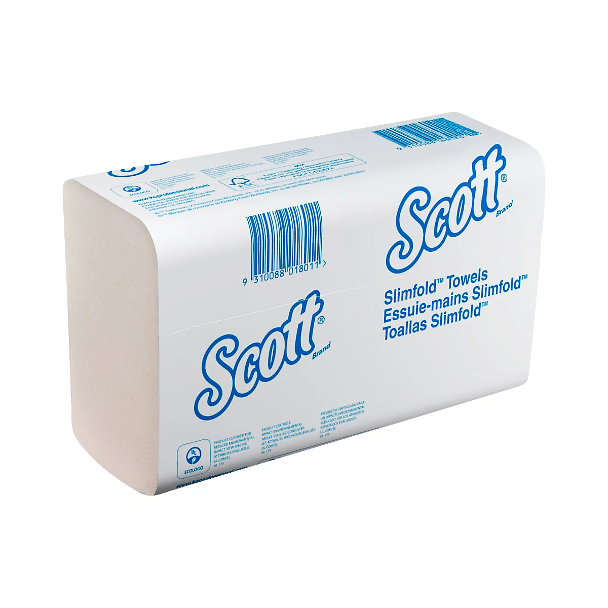 Weiße Papiertücher-Verpackung von Scott, mit blauem Schriftzug und Barcode.