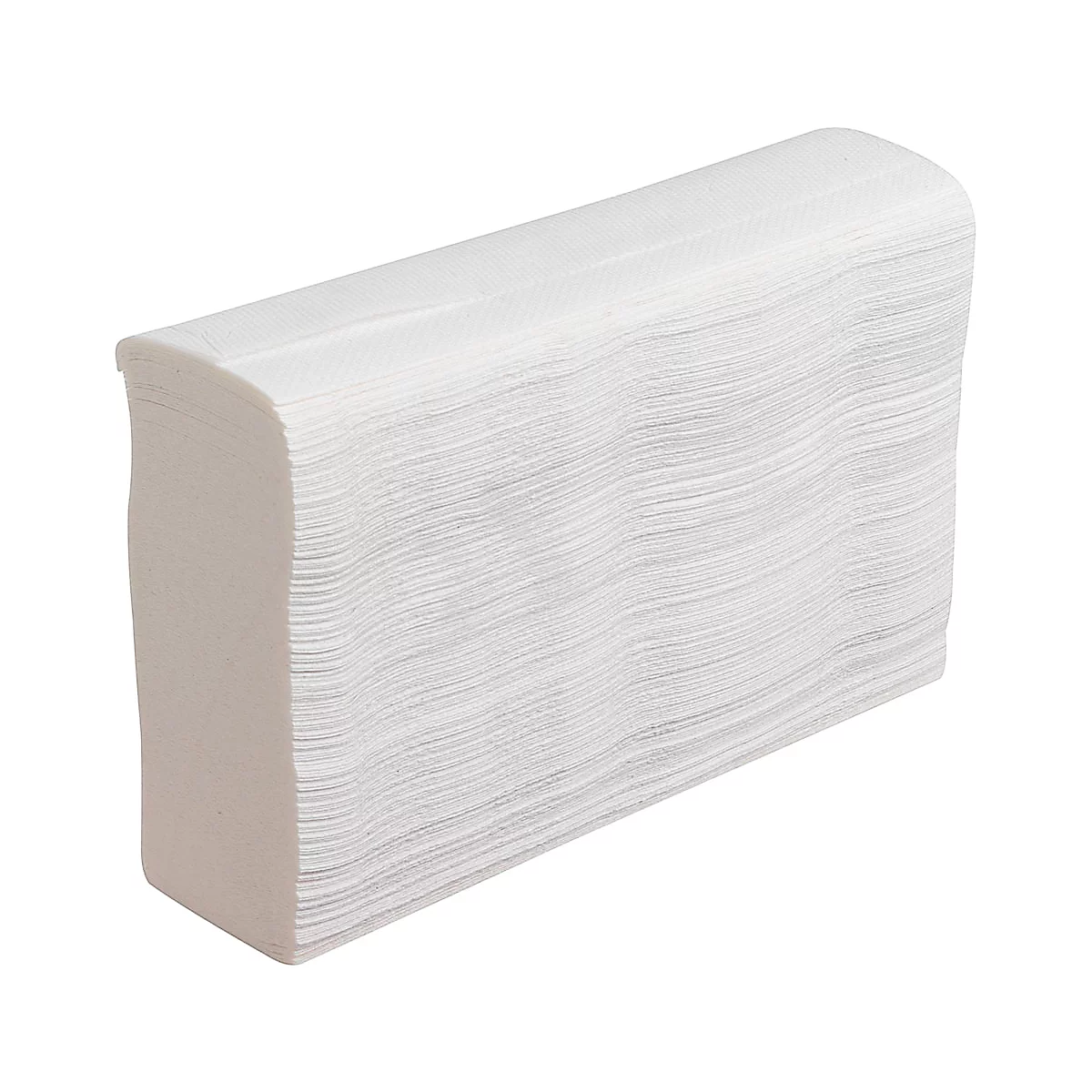 Ein Stapel weißer, gefalteter Papierhandtücher. Die Kanten sind abgerundet.