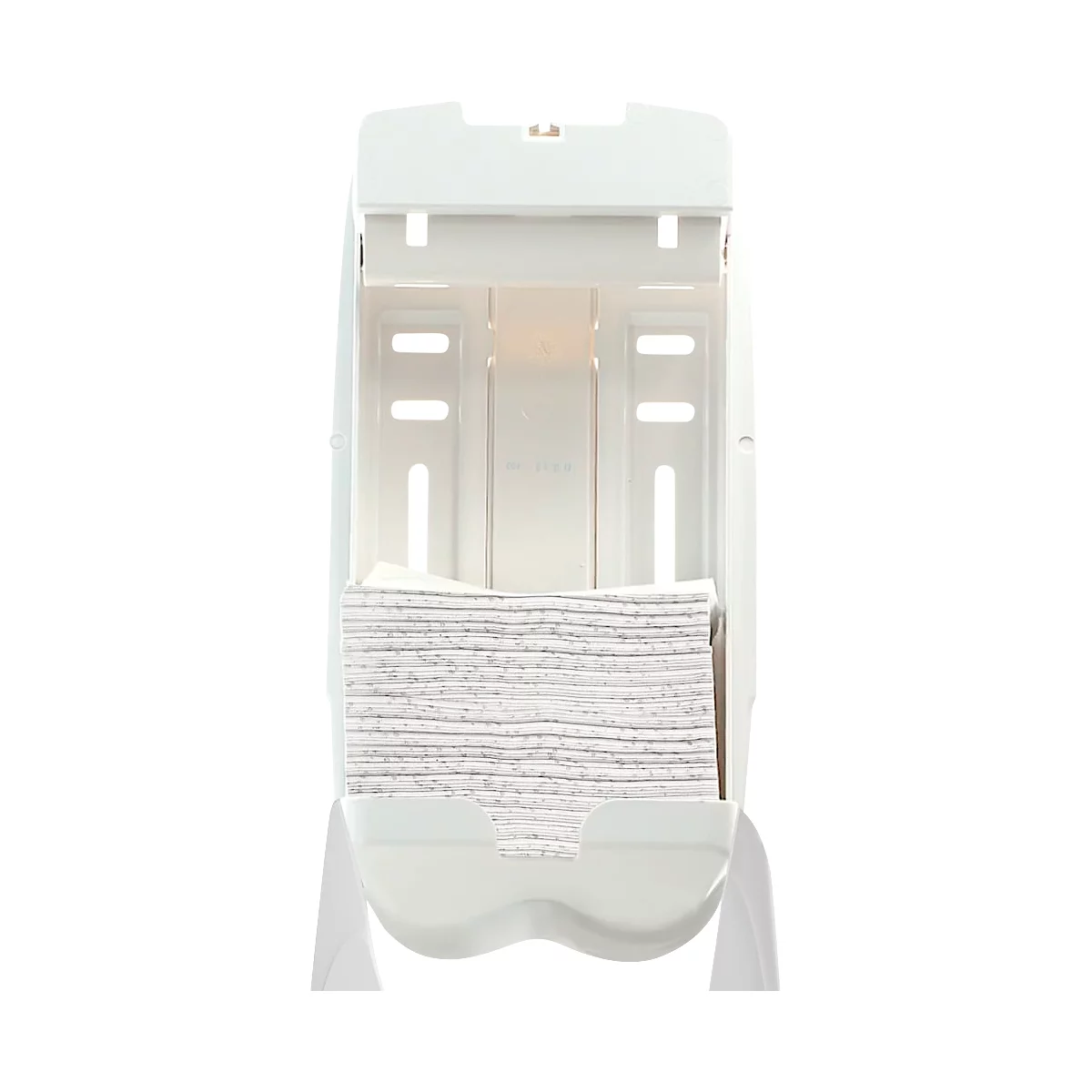 Witte papieren handdoekdispenser. Geopend, gevuld met gevouwen papieren handdoeken.