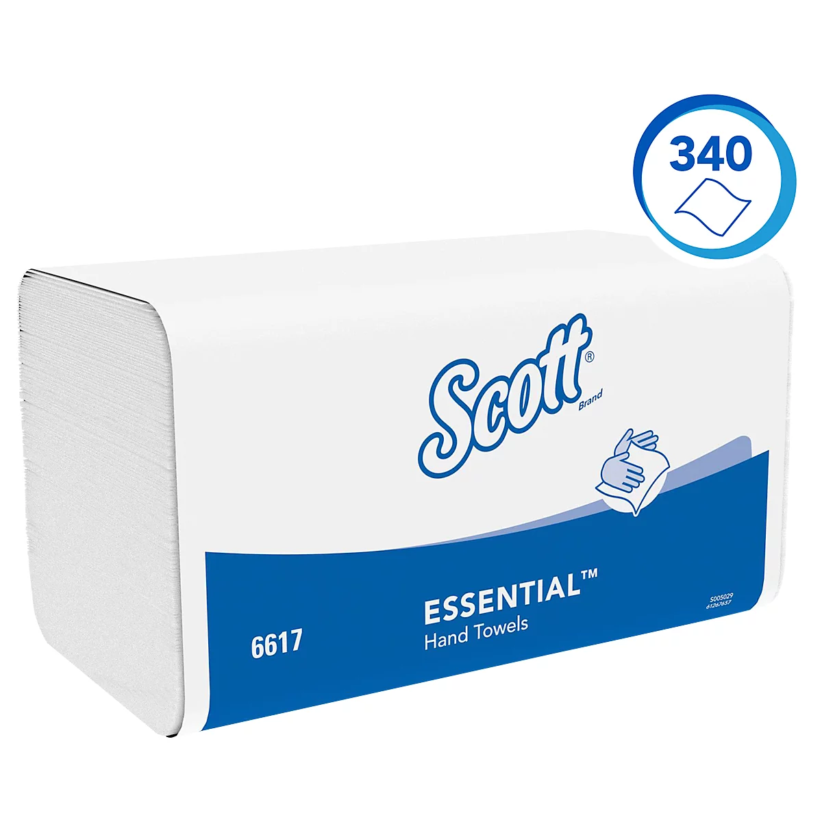 Weißes Paket Handtücher, blaue Aufschrift 'Scott Essential Hand Towels', oben rechts Hinweis auf 340 Tücher.