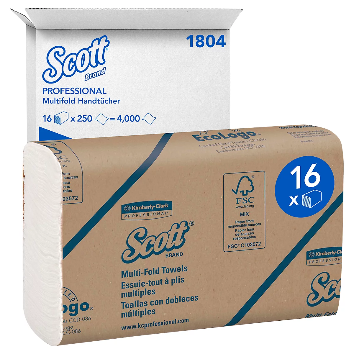 Twee pakken papieren handdoeken, een open kartonnen verpakking en een verzegelde verpakking, merk Scott.