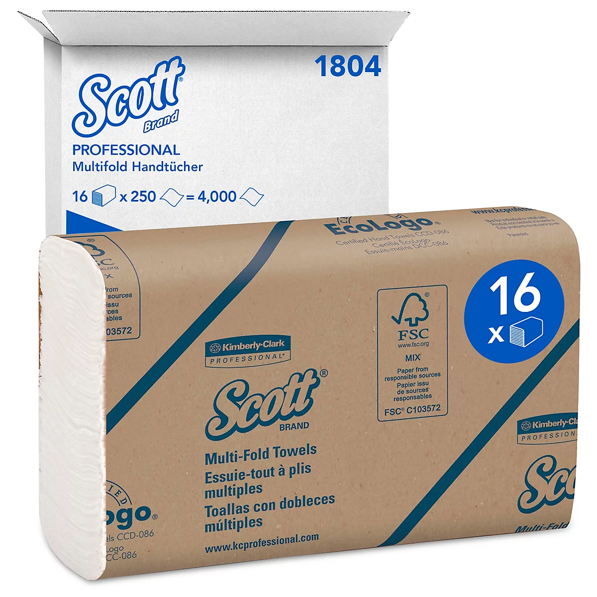 SCOTT® Multifold handdoeken 1804, 1-laags, scheurvast, 16 pakjes á 250 handdoeken, wit