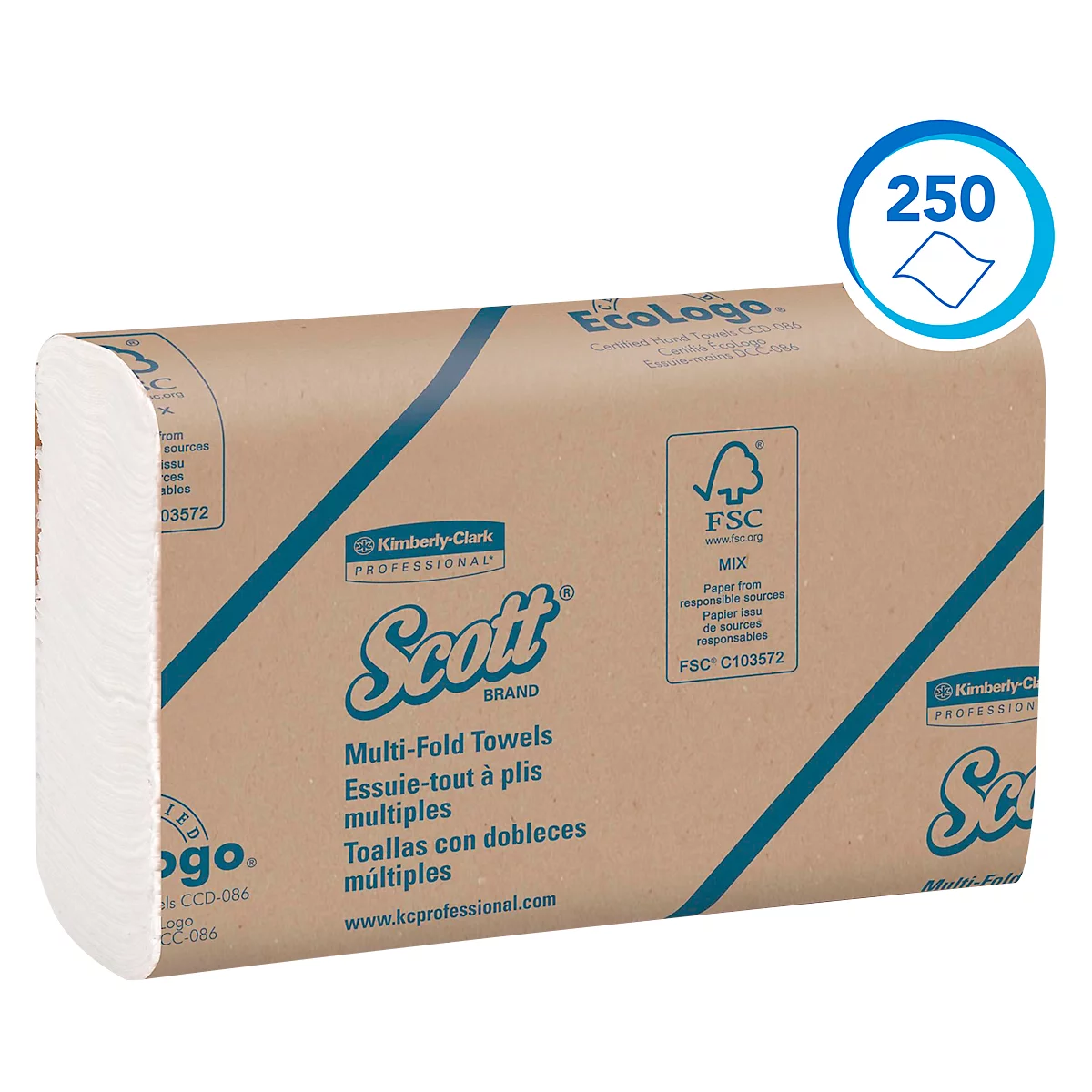 Papierhandtücher-Packung, braun, mit weißem Papier, blaue diagonale Linien, Scott-Logo, 250 Handtücher.