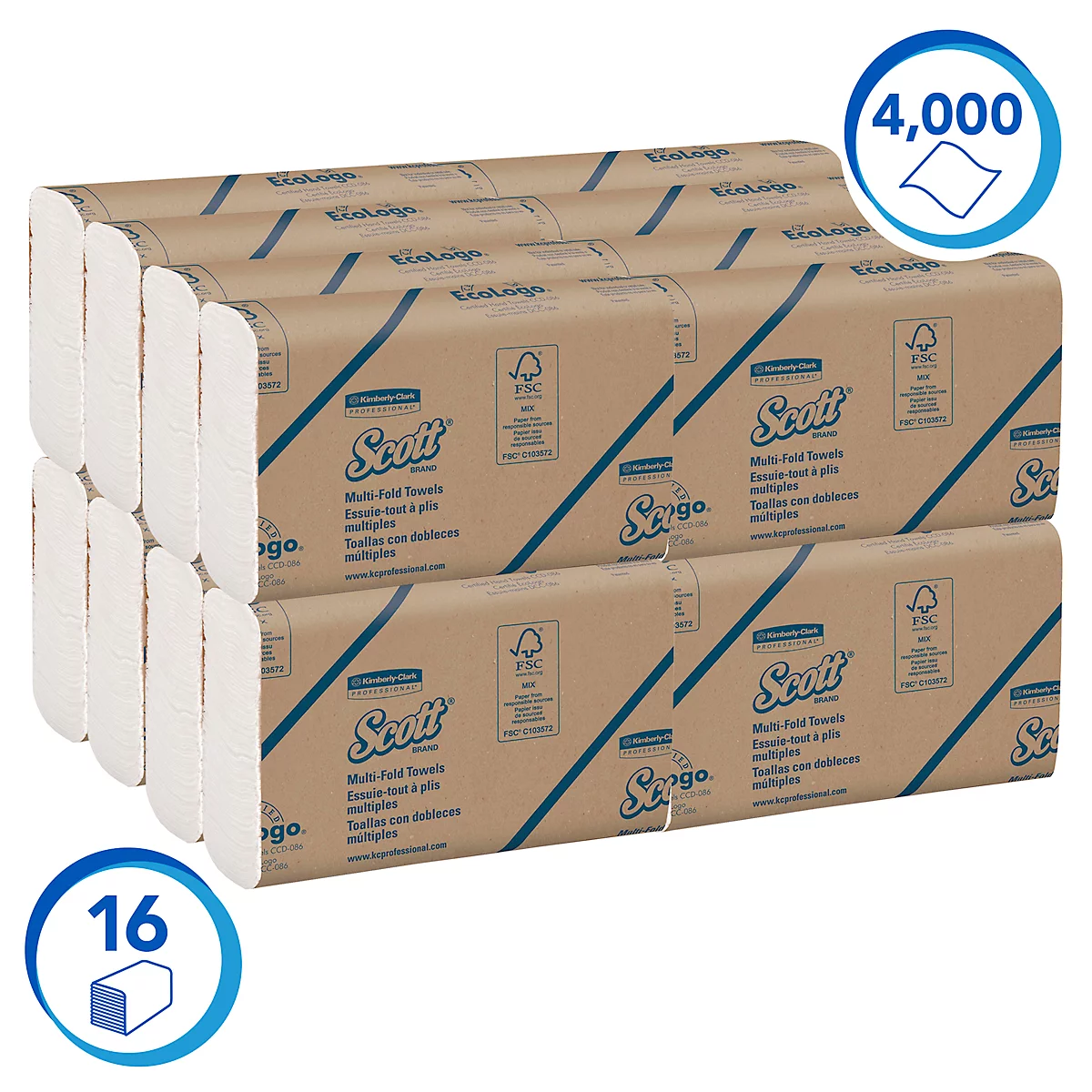 SCOTT® Multifold Handtücher 1804, 1-lagig, reißfest, 16 Päckchen á 250 Tücher, weiß
