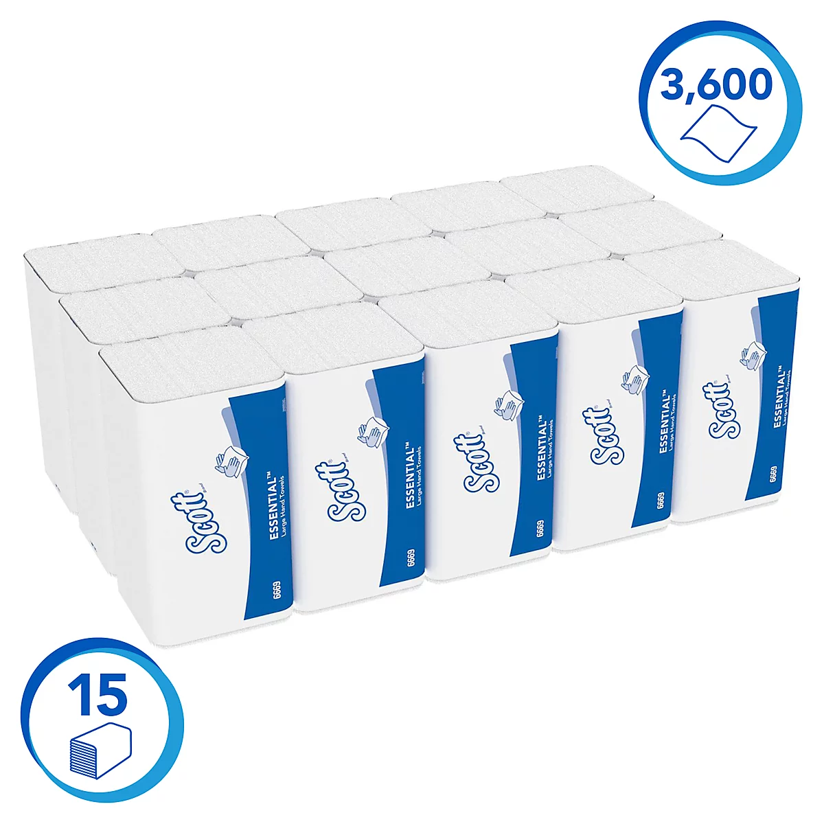 Scott® papieren handdoeken Essential 6669, Z-vouw, 1-laag, 15 pakken á 240 handdoeken, wit