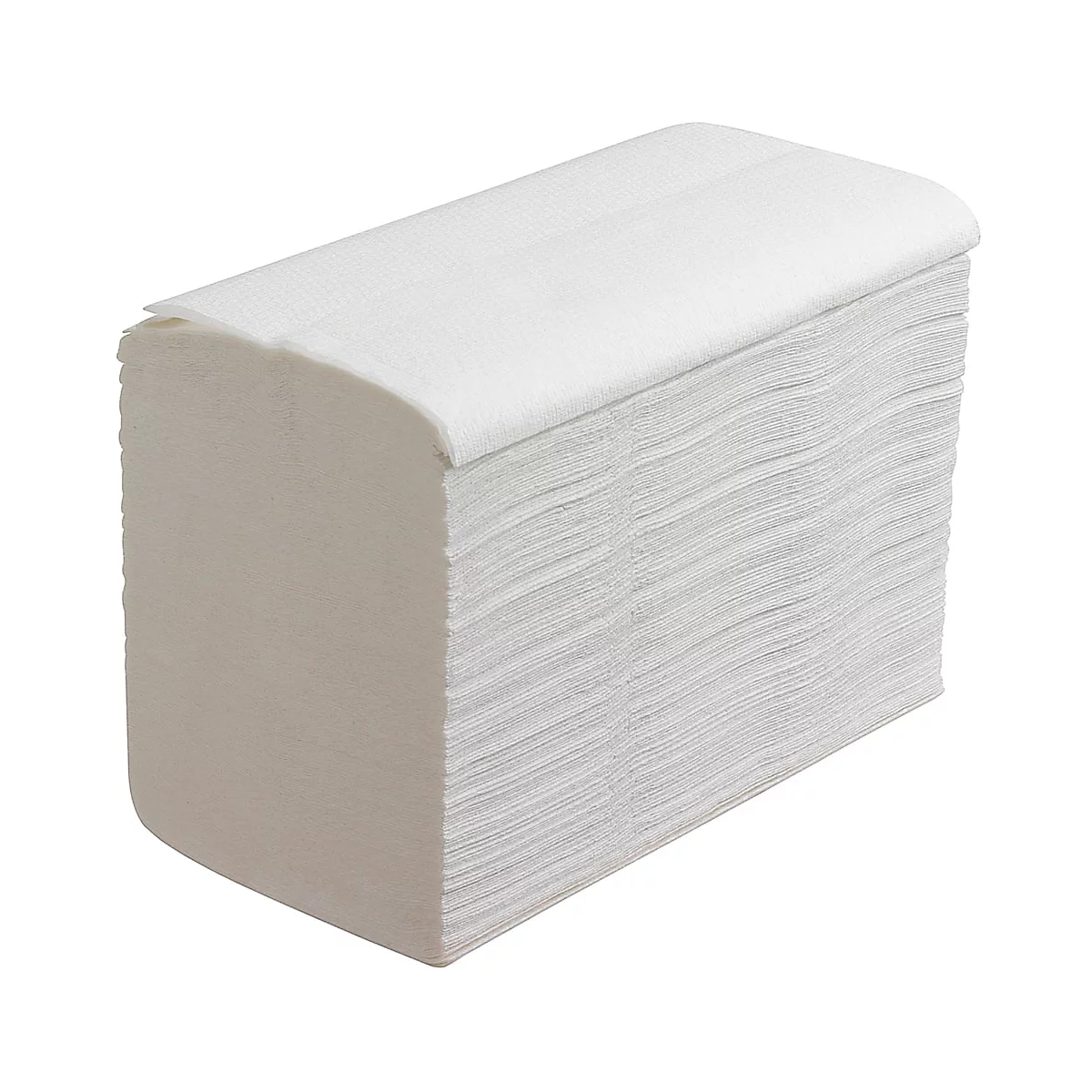 Een stapel witte papieren handdoeken in Z-vouw. De bovenste laag is licht afgerond.