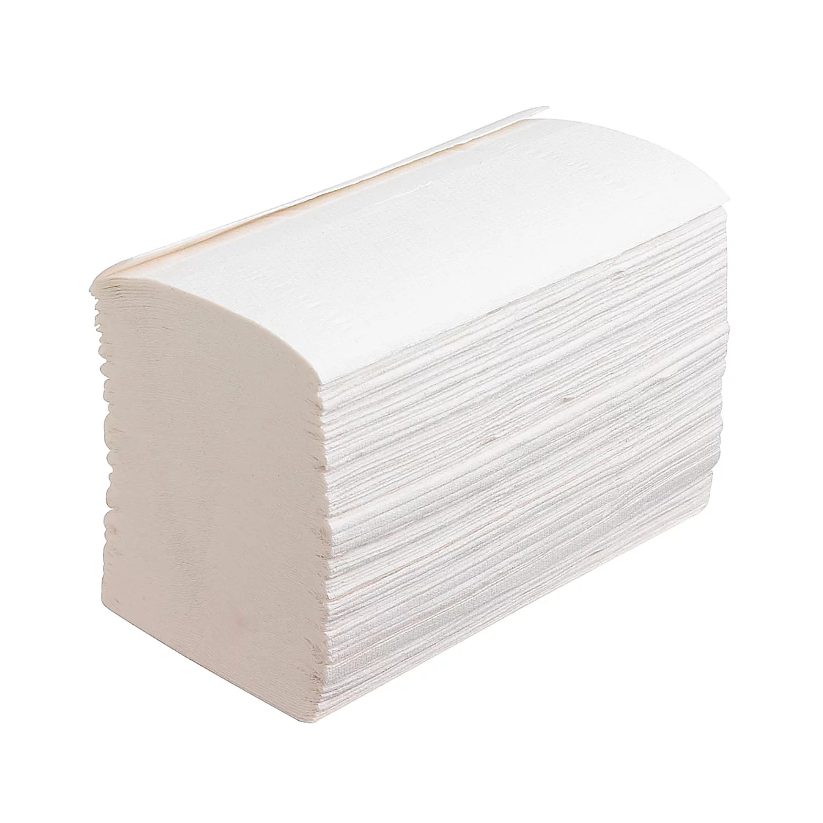 Een rechthoekige stapel witte papieren handdoeken met een afgeronde bovenkant. De handdoeken zijn gevouwen.