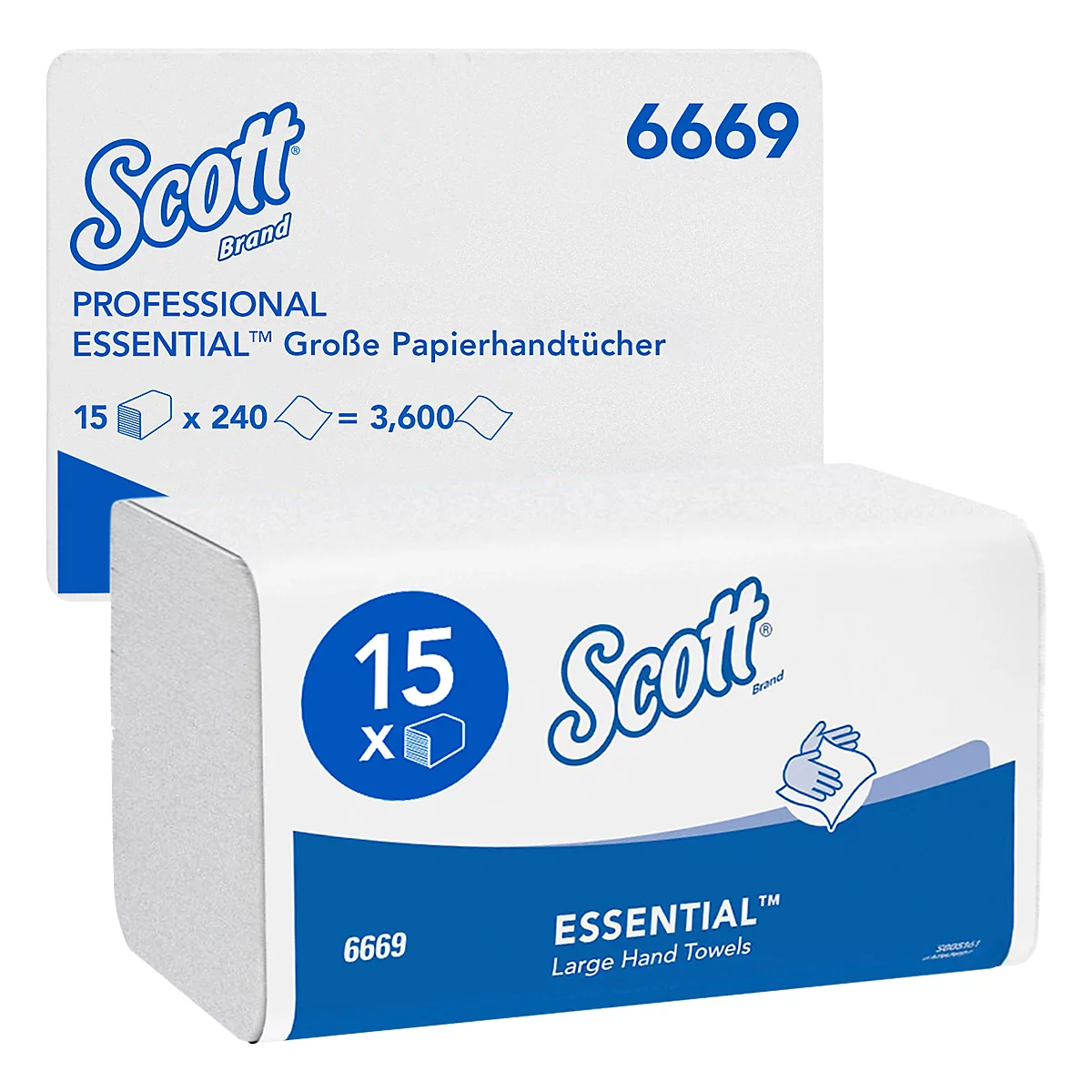 Paket Papiertücher von Scott. Weiß mit blauer Schrift. Aufdruck: "ESSENTIAL Large Hand Towels".