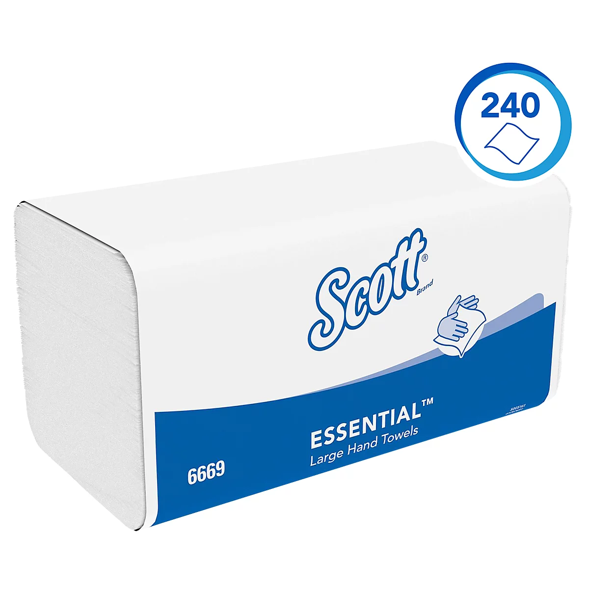 Weißes Handtuch-Paket mit blauer Beschriftung, Aufschrift 'Scott Essential'. Oben rechts eine blaue Kreissymbol mit '240'.