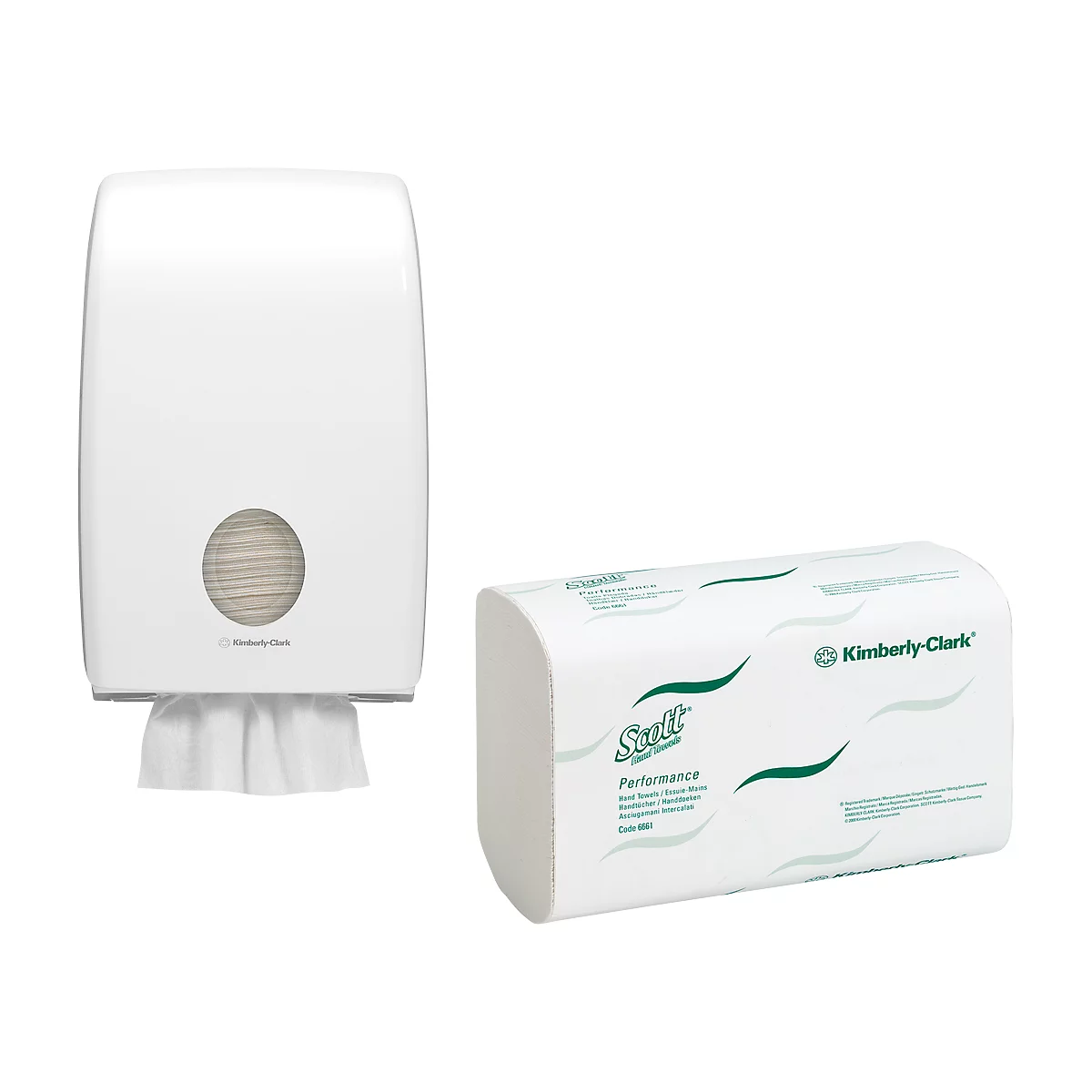 White paper towel dispenser with paper towels and towel pack. Inscription: Scott Performance.