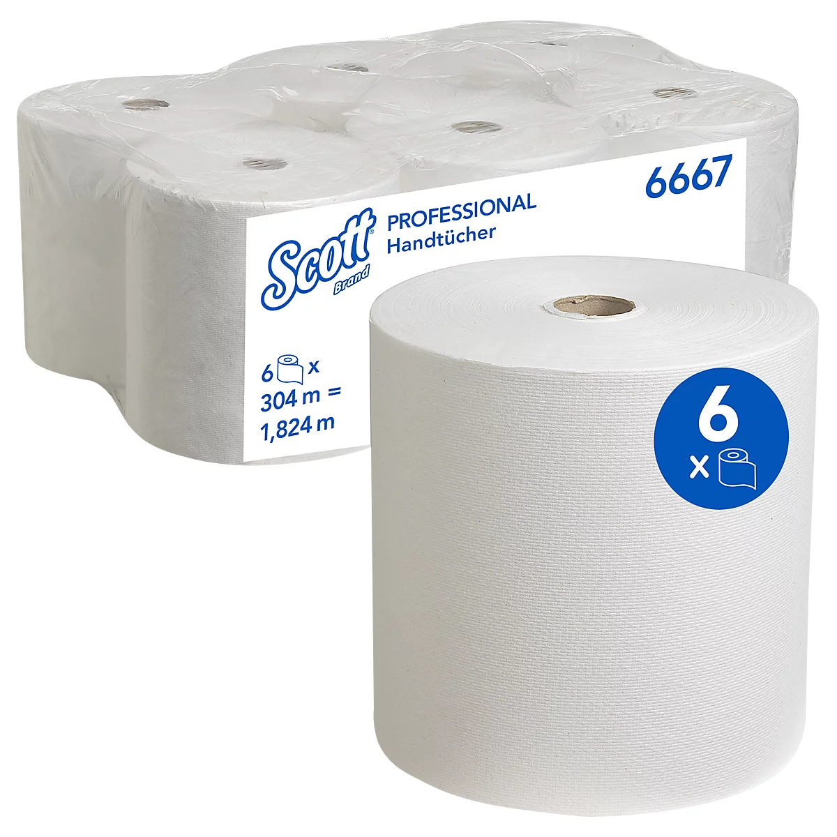 Weisse Papierhandtuchrollen, 6er-Pack, mit Produktlabel und blauer Kennzeichnung.