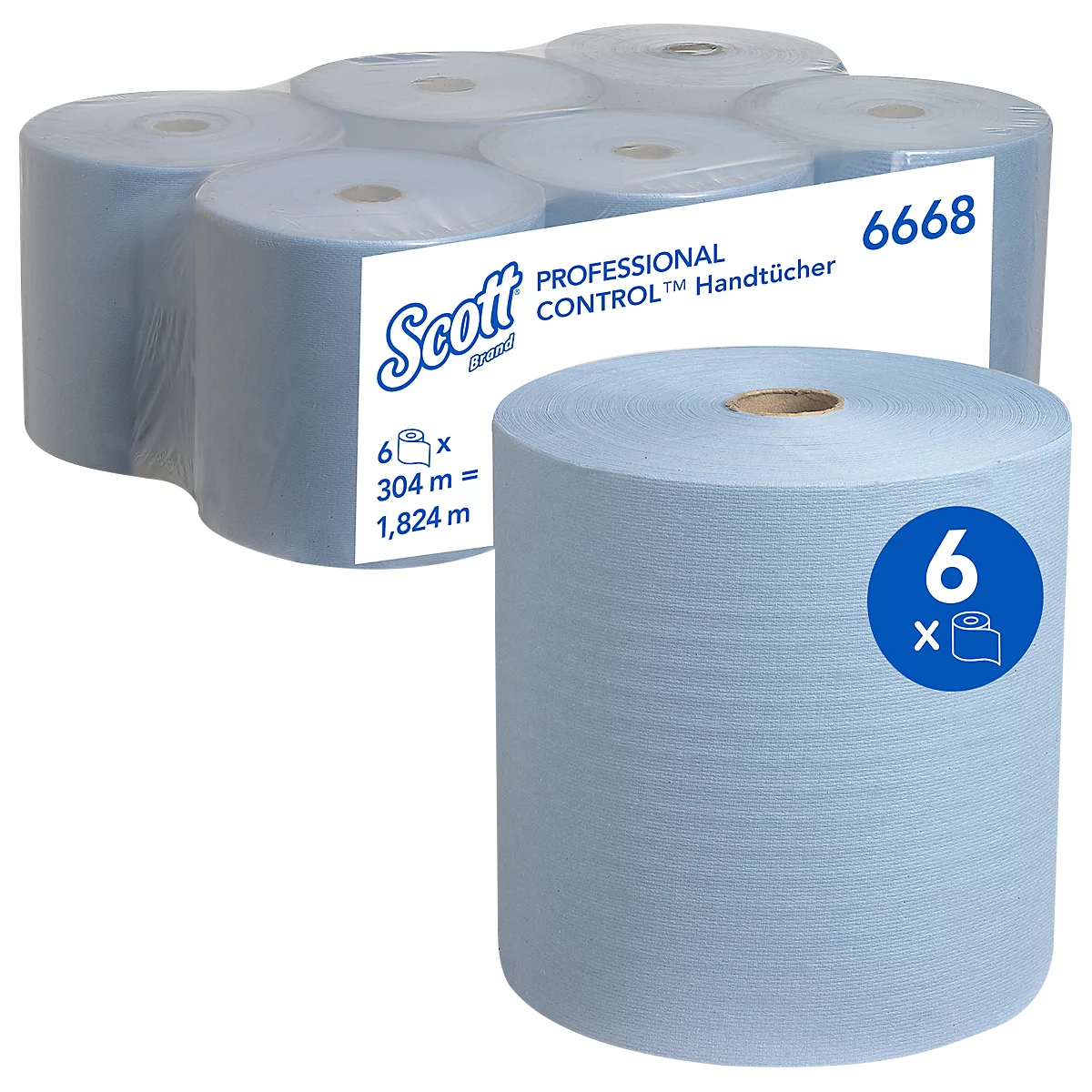 Sechs Rollen blaue Handtücher verpackt, eine Rolle steht daneben. Aufschrift: Scott Professional Control Handtücher.