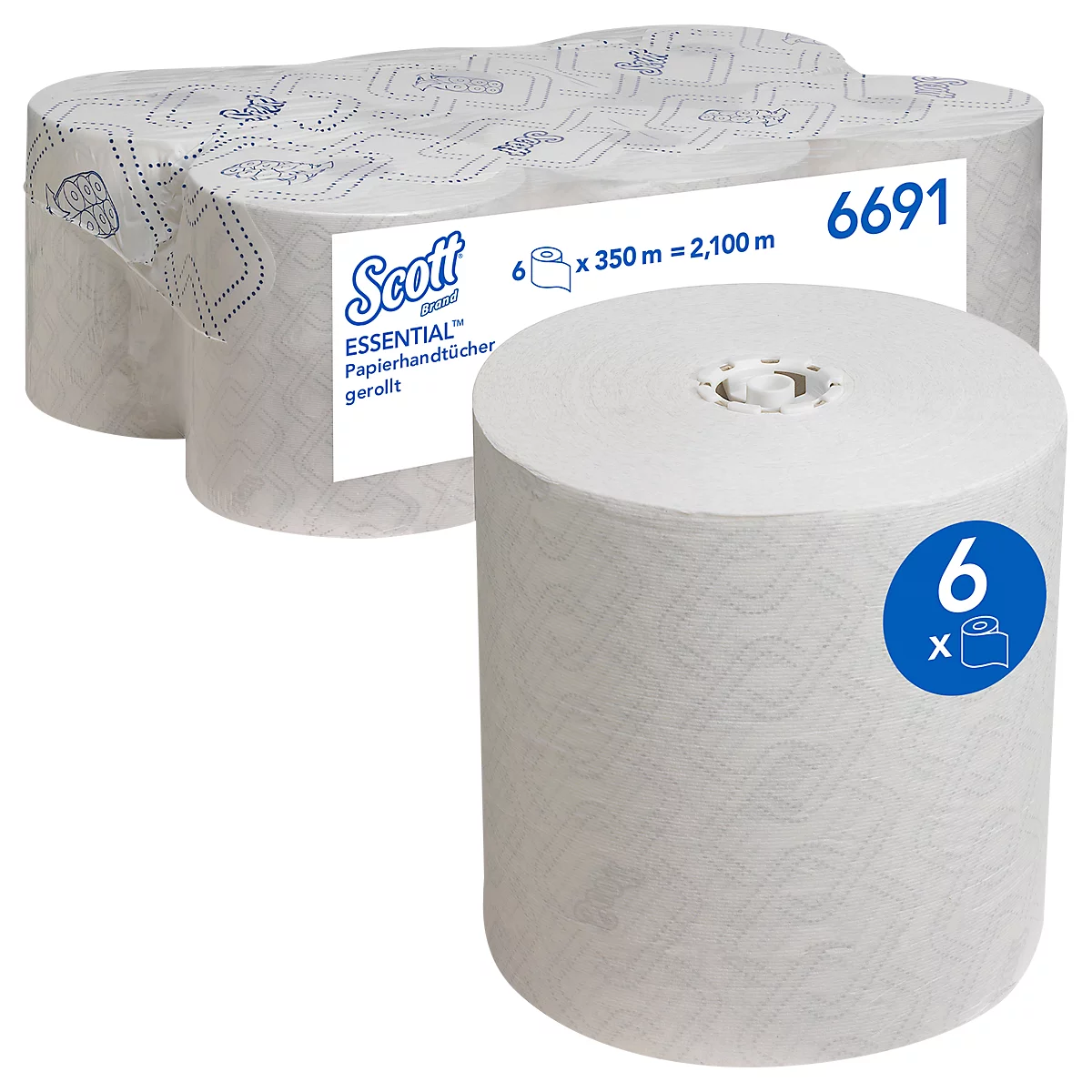 Weisses Papierhandtuch-Set von Scott, gerollt. Auf der Verpackung stehen Angaben zu Menge und Länge. Ein einzelnes Papierhandtuch ist auch sichtbar.