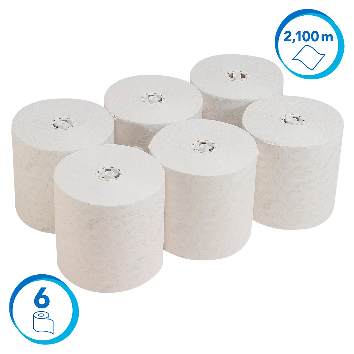 Sechs Papierrollen mit Verpackung, in blauer Kreisschrift sind "6" und "2.100m" angegeben.