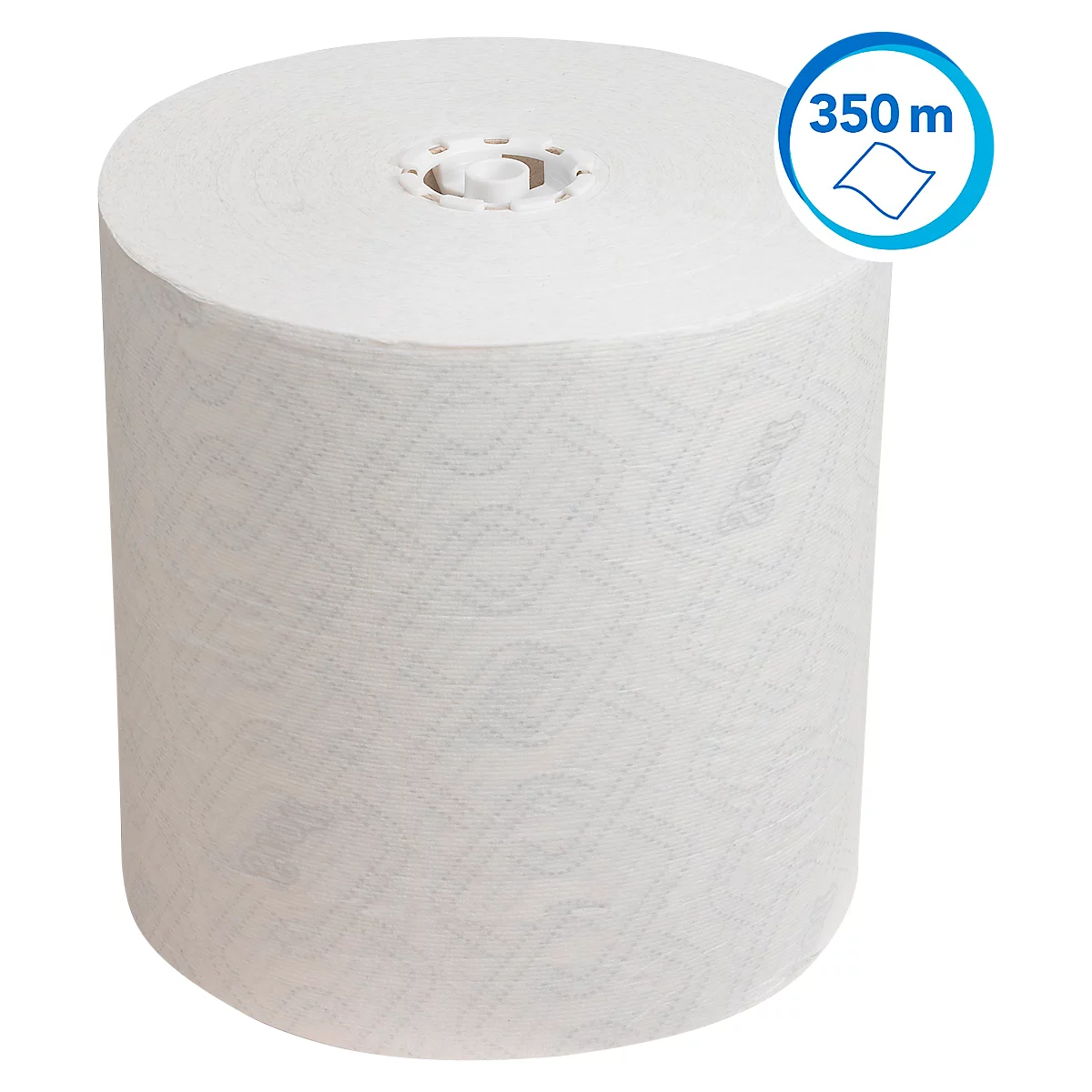 Rolle weisses Papierhandtuch. Aufgedrucktes Logo mit 350 m. Das Papier hat ein Muster.