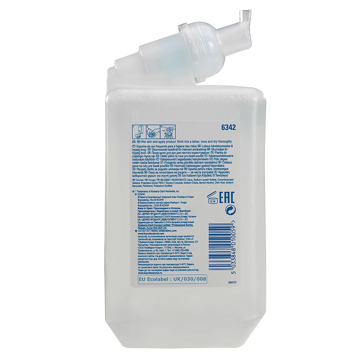 Flacon de savon transparent avec distributeur à pompe attaché. Des informations sur le produit et un code-barres sont affichés au dos.