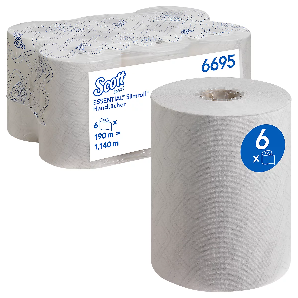 Papierhandtücher, zwei Rollen im Fokus. Scott ESSENTIAL Slimroll. 6 Rollen, 190m = 1.140m.