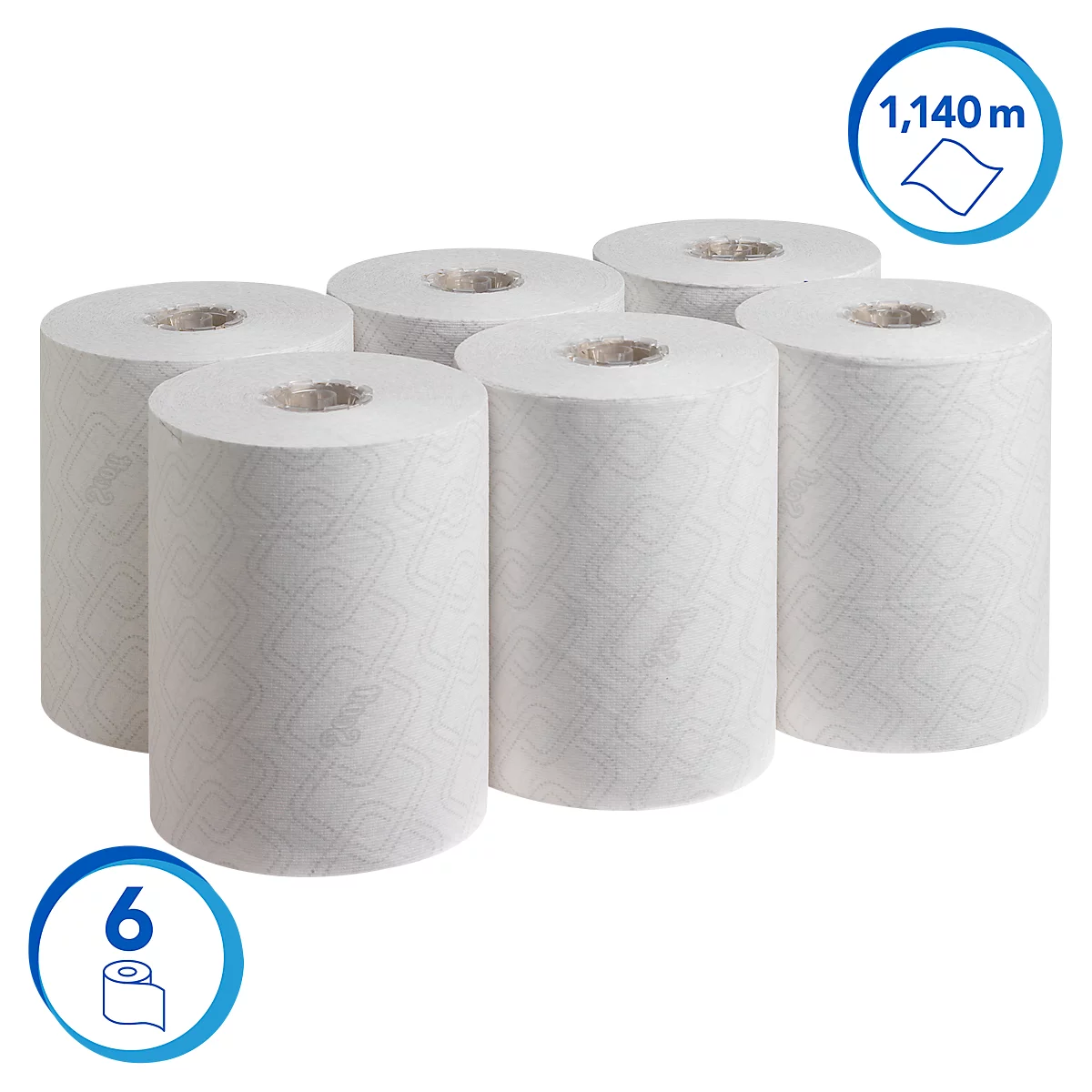 Sechs Rollen weißes Küchenpapier, strukturiert, mit blauer Infografik.