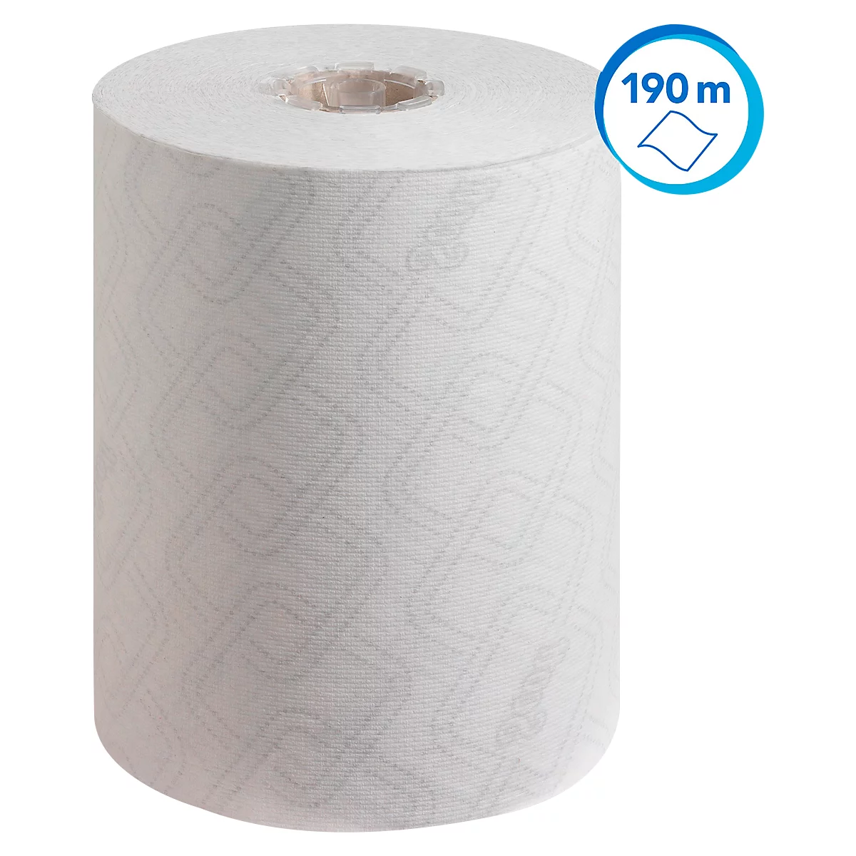 Eine Papierhandtuchrolle, weiß mit dezentem Muster, neben einem blauen Kreis mit der Aufschrift 190 m.