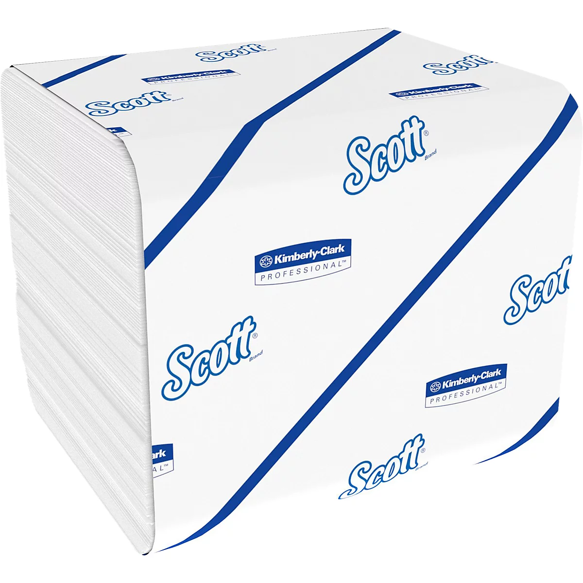 Paquete de toallas de papel blancas, impreso con el logotipo azul y una línea diagonal. Marca: Scott Kimberly-Clark Professional.