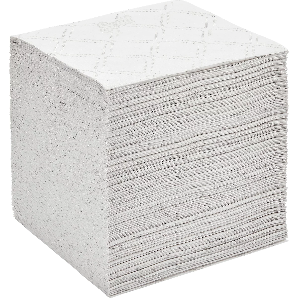 Una pila cuadrada de servilletas de papel blancas. La servilleta superior está decorada con un patrón.