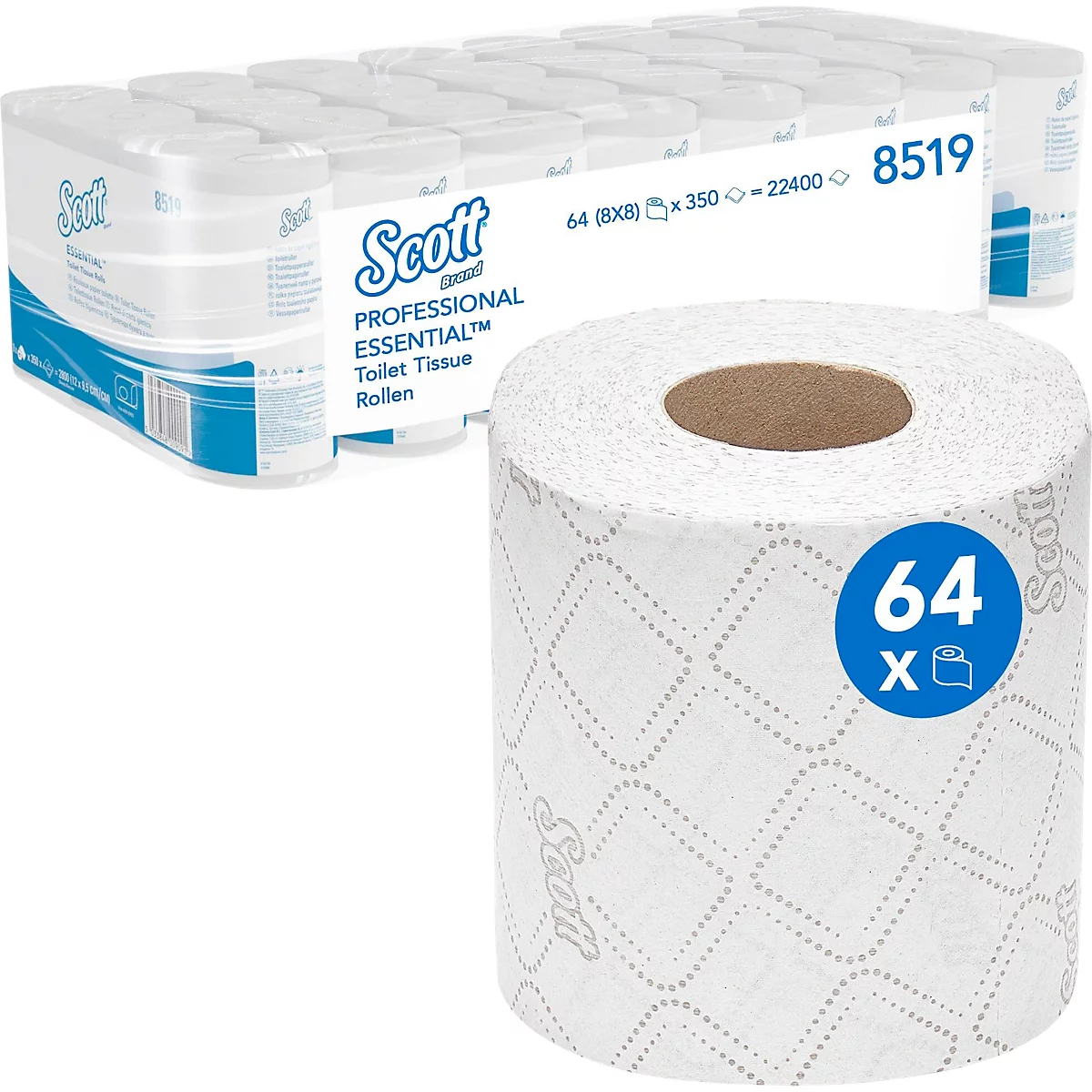 Toilettenpapierpackung und einzelne Rolle, Marke Scott, weißes Papier. Aufschrift "64 x".