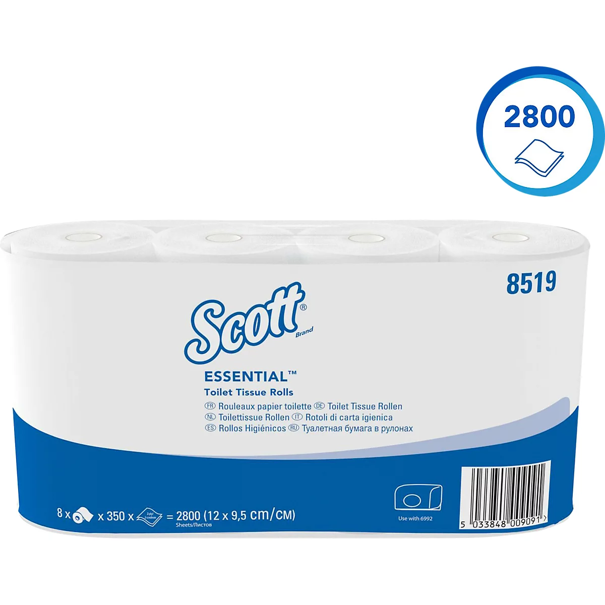 Verpackung mit Toilettenpapierrollen, Marke Scott, Produktname ESSENTIAL, Angabe 2800 Blatt, Nummer 8519, blau-weiß.