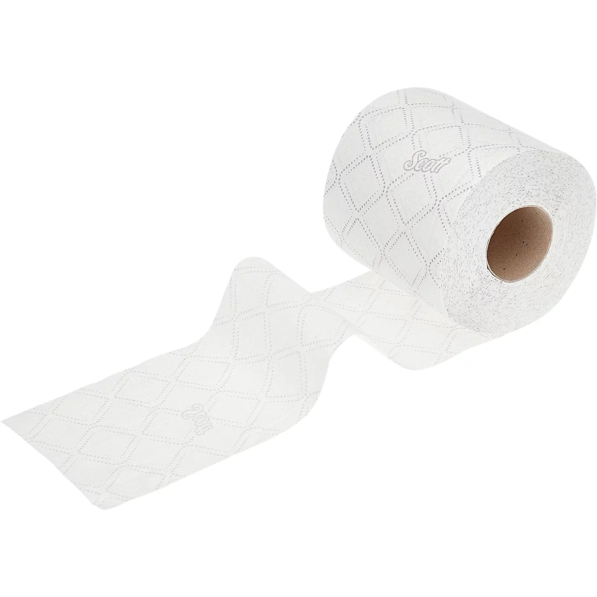 Toilettenpapierrolle, Teil des Papiers abgerollt. Rautenmuster, Logo. Hintergrund weiß.