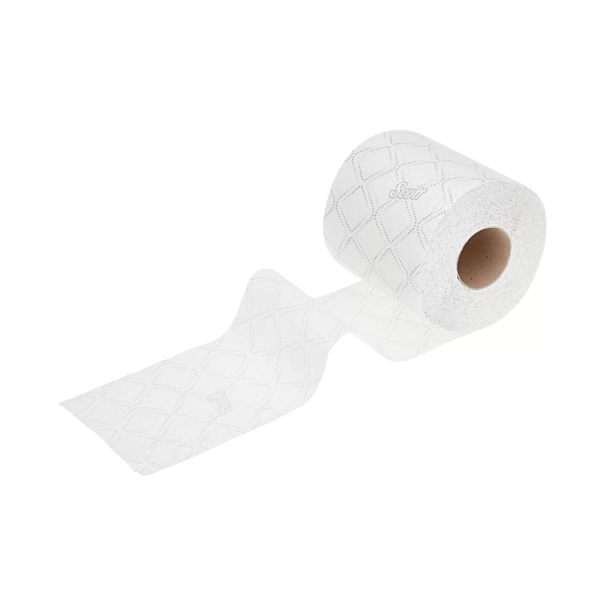 Toilettenpapierrolle mit eingeprägtem Muster, Papier entfaltet.