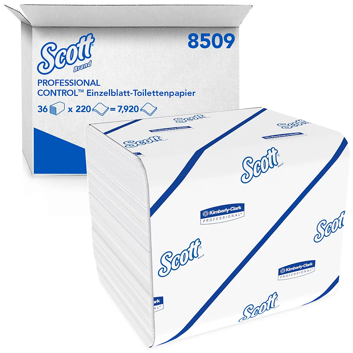 Zwei Packungen Einzelblatt-Toilettenpapier. Eine geöffnet, eine geschlossen. Beide mit Schriftzug 'Scott' und blauen Details.
