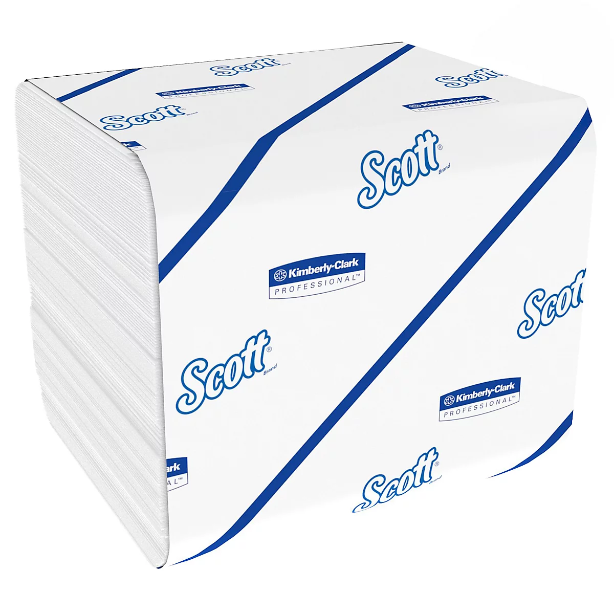 Ein quadratischer Karton mit Papierhandtüchern. Der Karton ist weiß, mit blauen Diagonalstreifen und dem Scott-Logo.