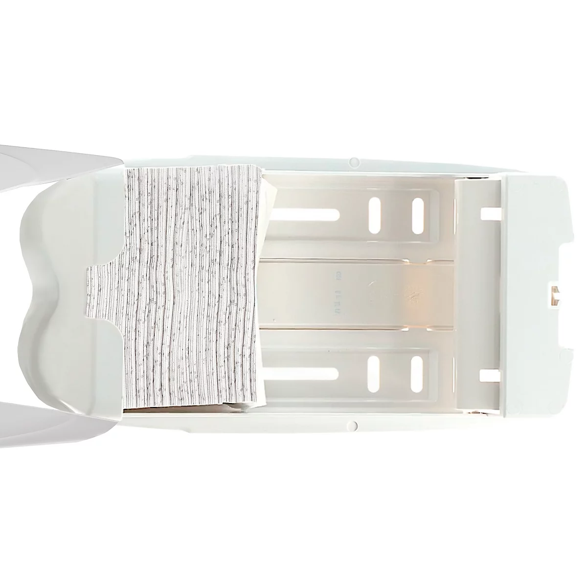 Hellblauer Spender für Papiertücher mit geöffneter Klappe und Papiertüchern im Inneren.