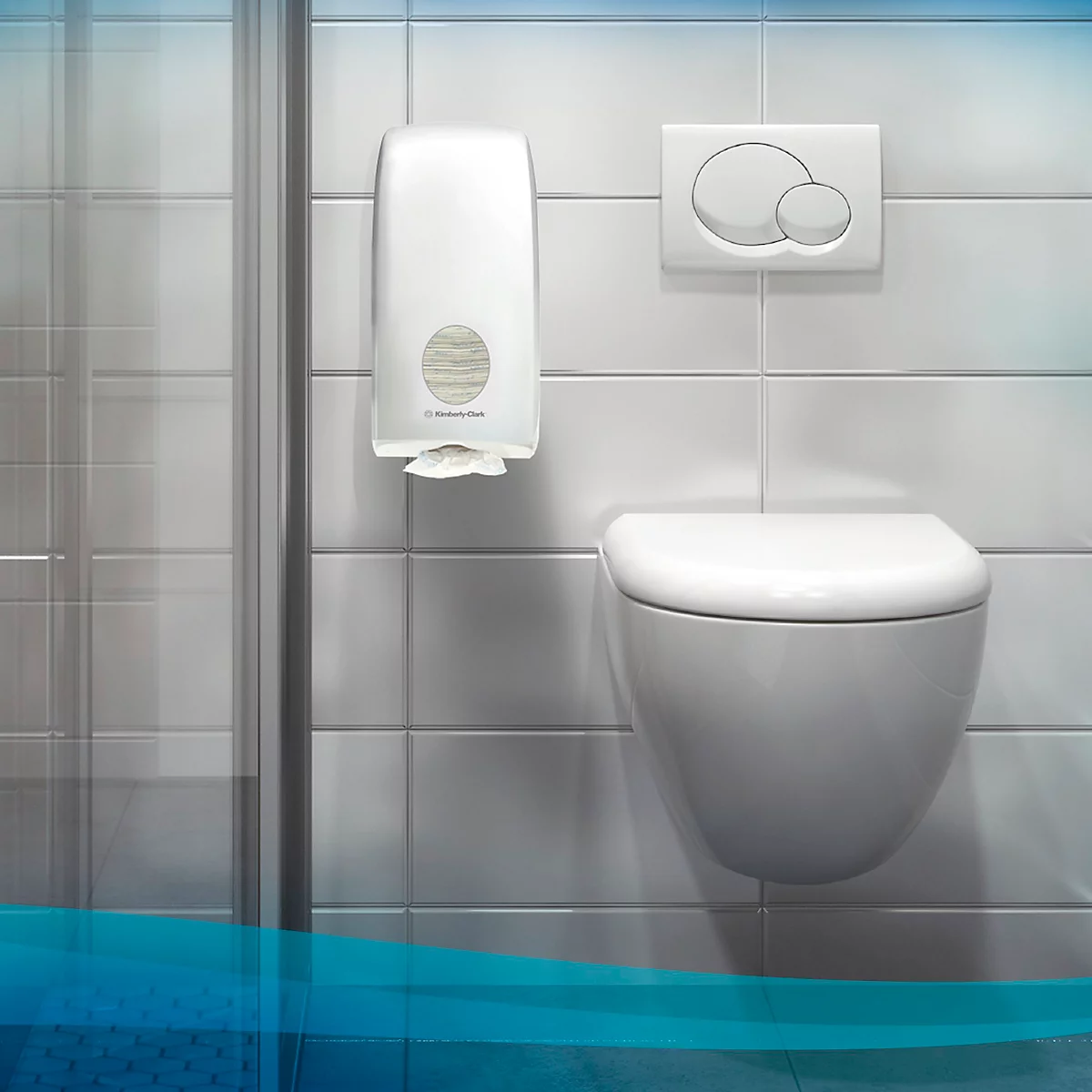 In einem Badezimmer: Eine weiße, wandhängende Toilette mit einem Spender für Papiertücher und einer Spülung.