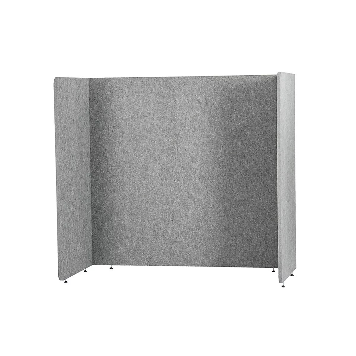 Gray, freestanding partition. The elements are connected with metal feet.