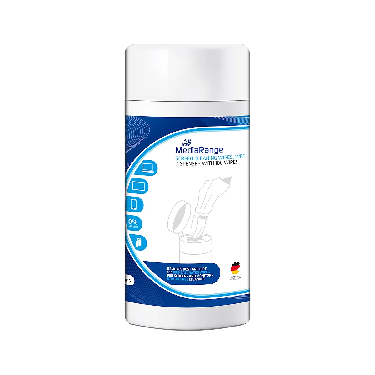 White canister with blue text, MediaRange Screen Cleaning Wipes. Image of a hand pulling a cleaning wipe from the dispenser.