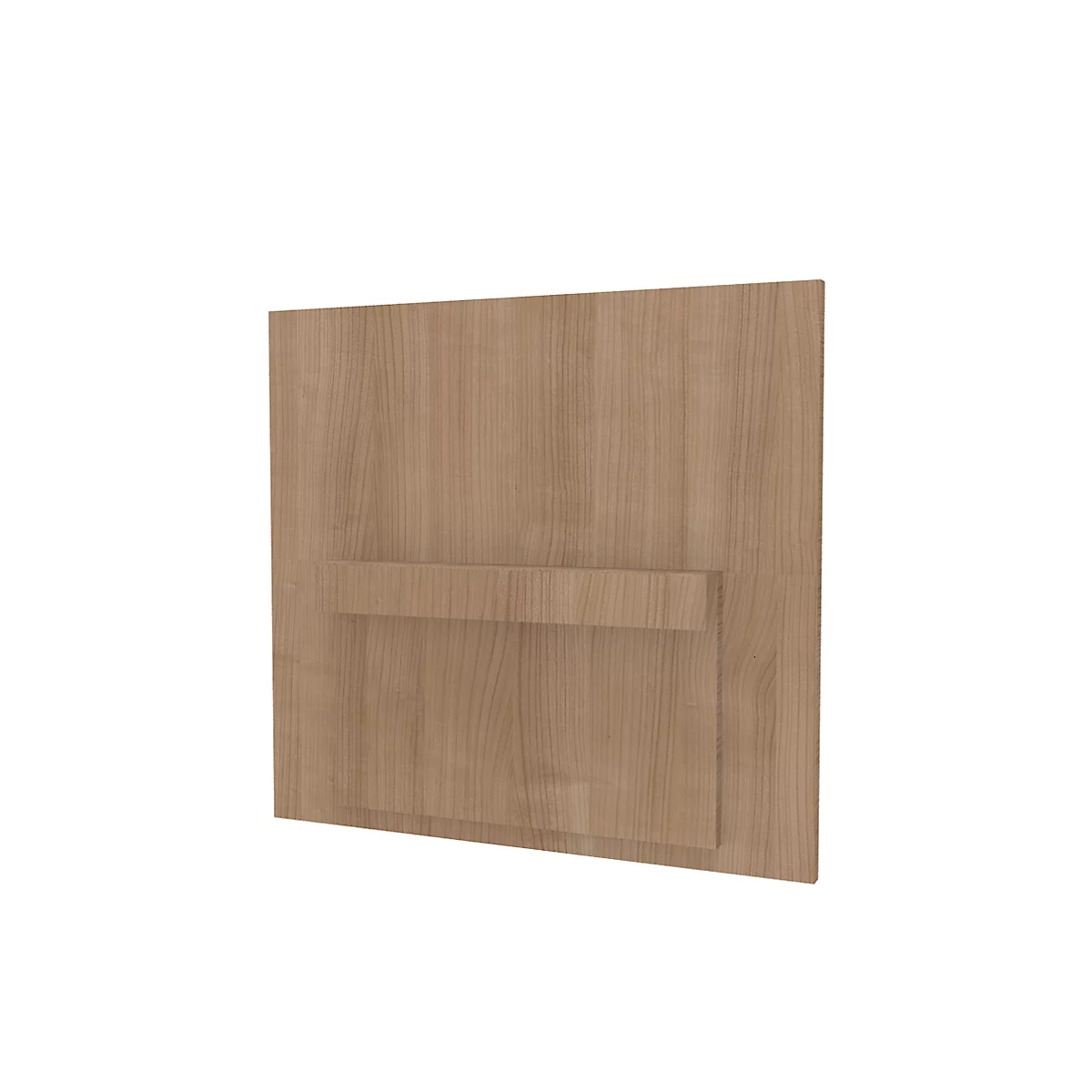 Wooden panel with integrated shelf, shown slightly tilted on a white background.