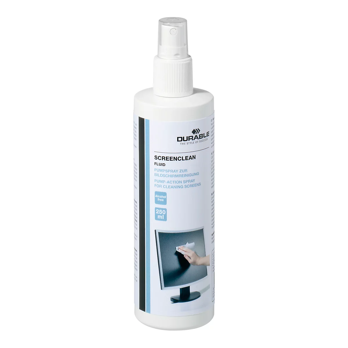 White spray bottle with DURABLE logo, SCREEN CLEAN lettering and a picture of a monitor. 250 ml.