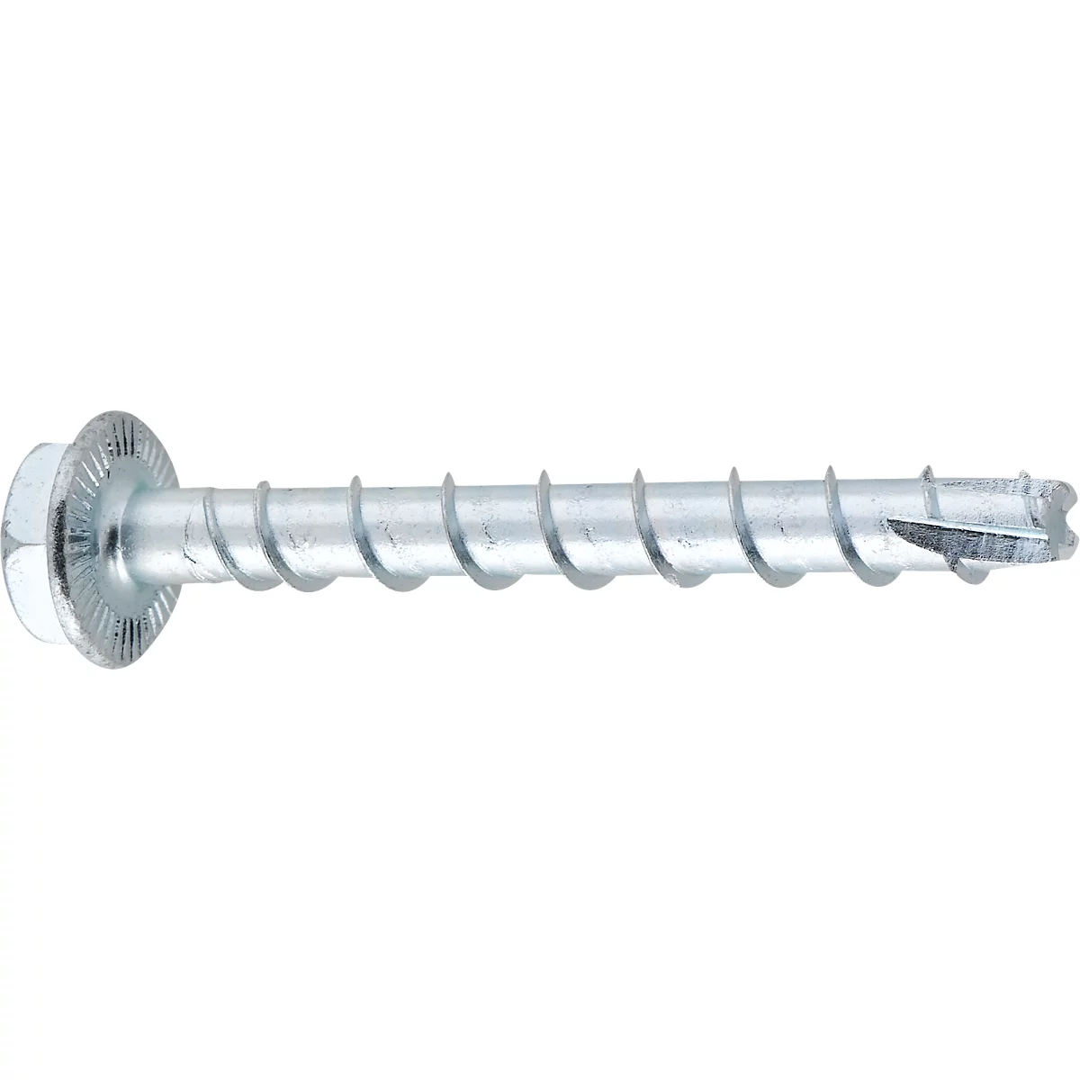Close-up of a silver screw with screw head and thread.