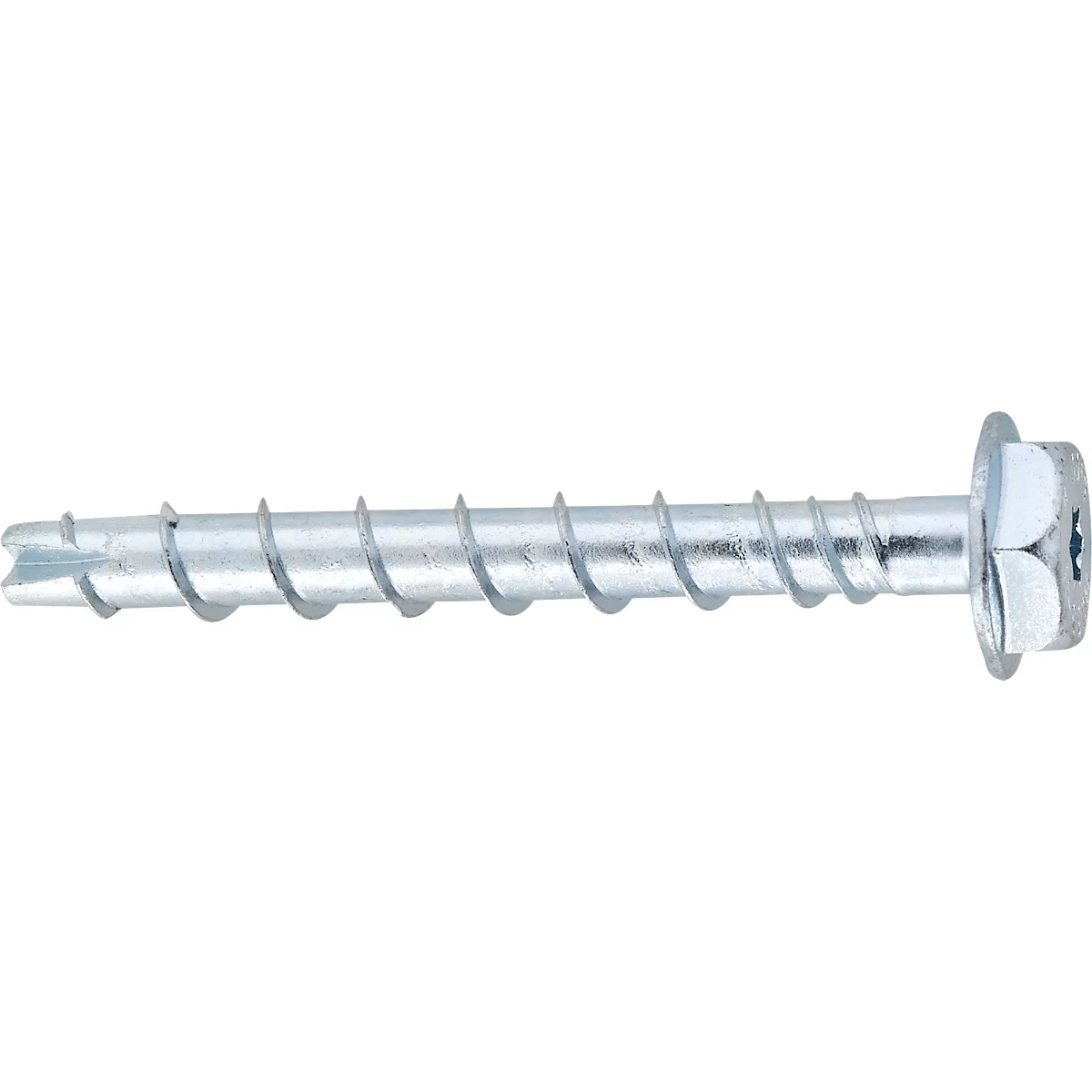 Metal screw with a wide head and thread. Close-up screw, bird's eye view.