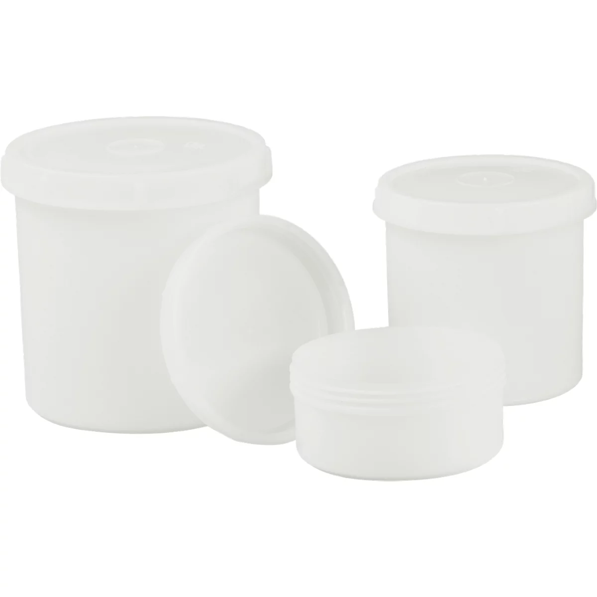 Various white plastic containers with lids, partially opened. The background is white.